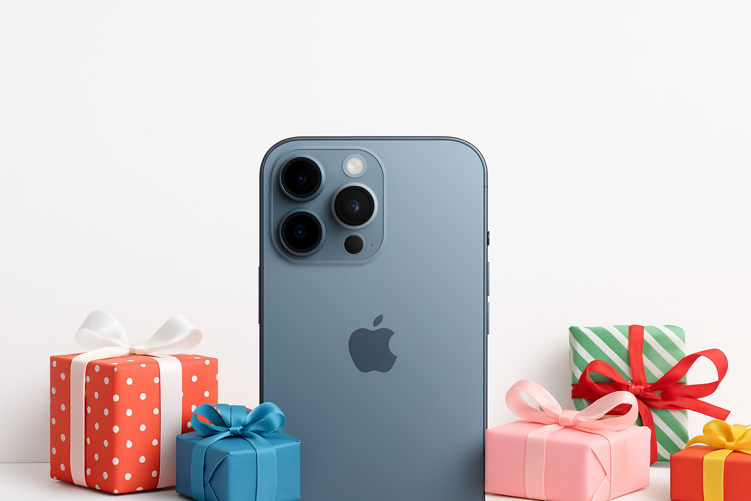 fond blanc, un iphone 16pro de face qui dépasse de moitie en partant du bas, des cadeaux en bas sur les cotés, l'autre moitié de l'image en haut sans rien, juste le fond blanc